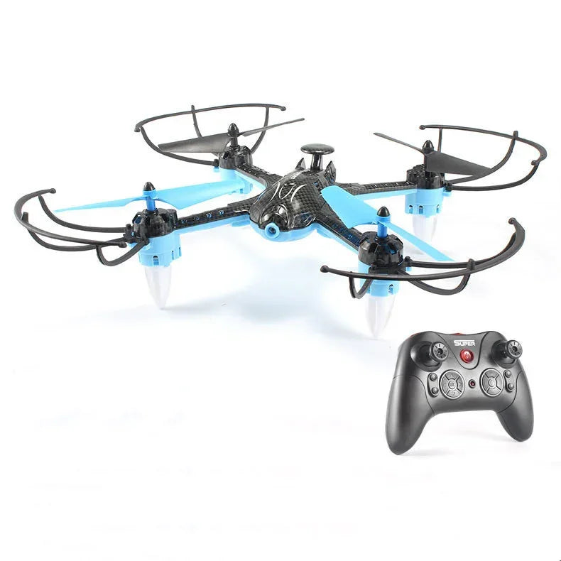 Quadcopter drone with blue and black frame, propeller guards, and wireless remote control