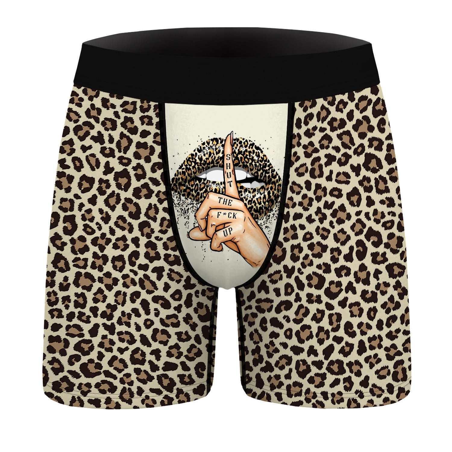 Leopard print men's boxer briefs with graphic lips and shushing finger on front pouch