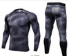 Black textured compression shirt and leggings with sleek, form-fitting design for active wear