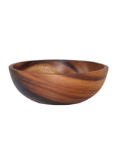 Round wooden bowl with natural brown grain, smooth finish, minimalist style