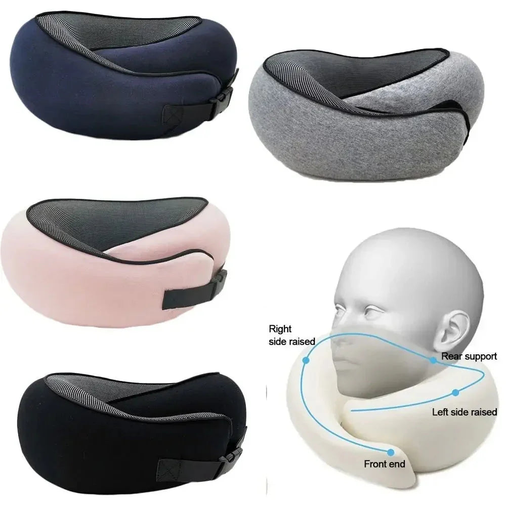 Ergonomic travel neck pillows in navy, grey, pink, and black, memory foam, adjustable fit.