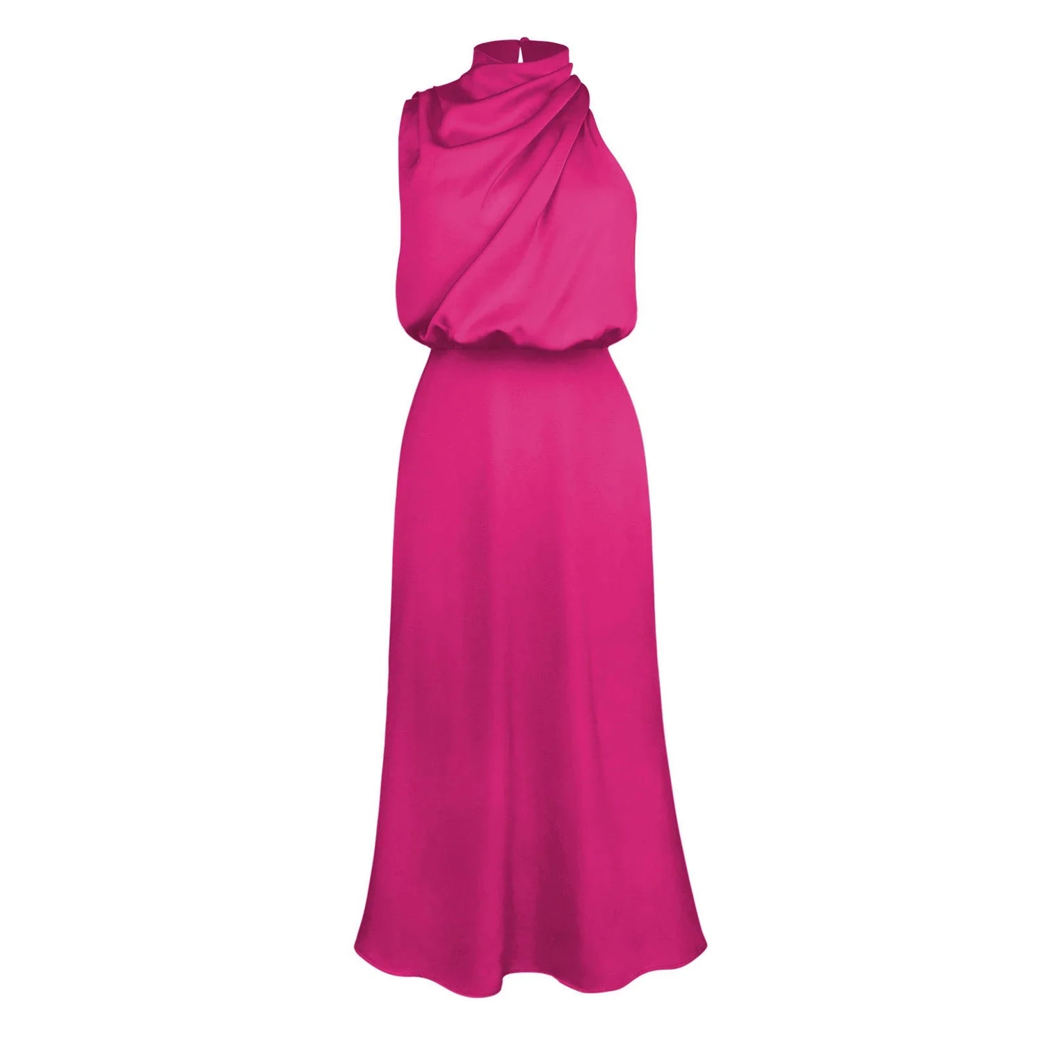 Sleeveless magenta satin maxi dress with draped neckline and relaxed fit