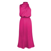 Sleeveless magenta satin maxi dress with draped neckline and relaxed fit