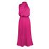 Sleeveless magenta satin maxi dress with draped neckline and relaxed fit