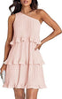 Woman wearing a light pink pleated one-shoulder tiered mini dress with relaxed fit
