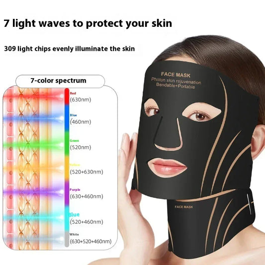 Black photon LED therapy face mask with gold accents, full-face fit, flexible material, and light spectrum chart
