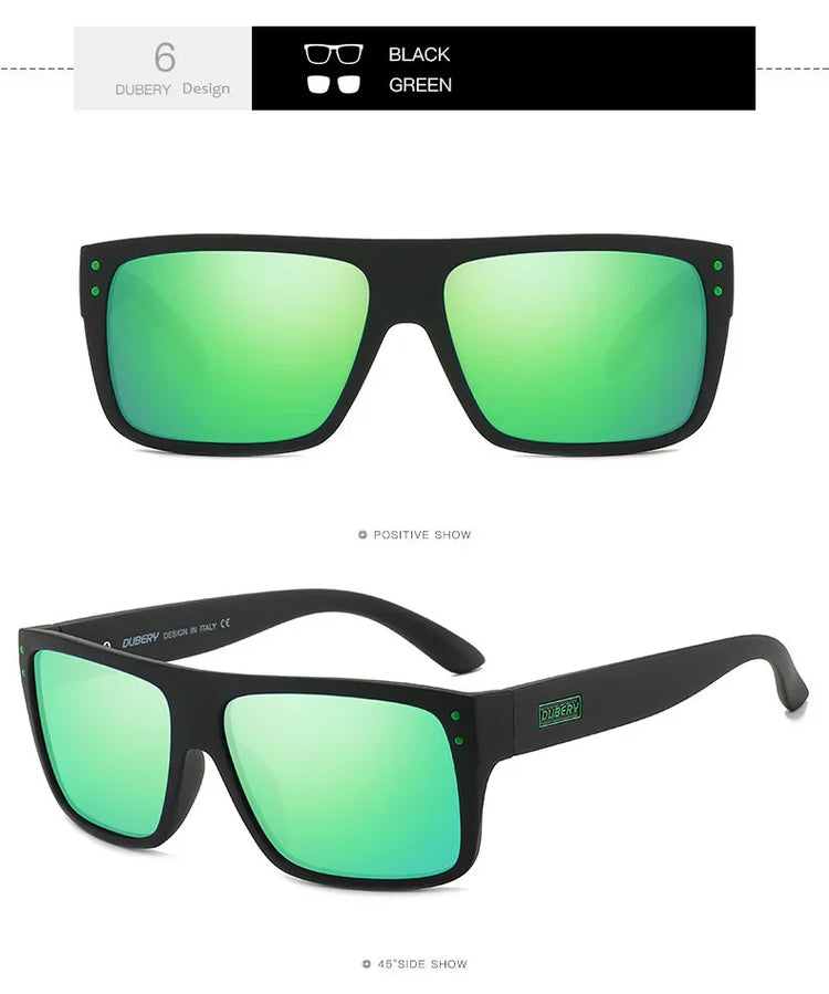 Black rectangular sunglasses with green mirrored lenses, matte finish, modern streetwear style