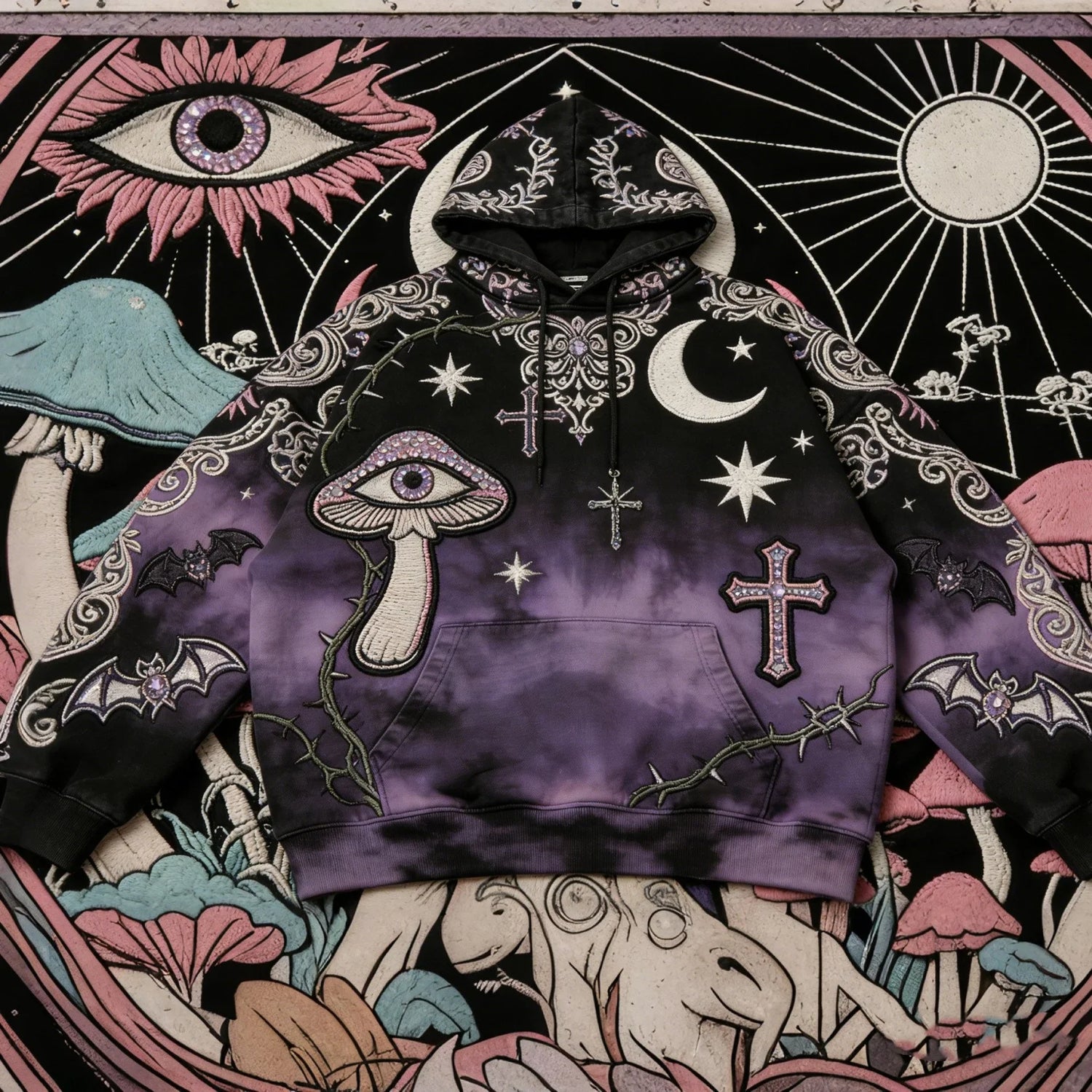 Purple and black oversized hoodie with gothic surreal graphics, mushrooms, stars, and bats.