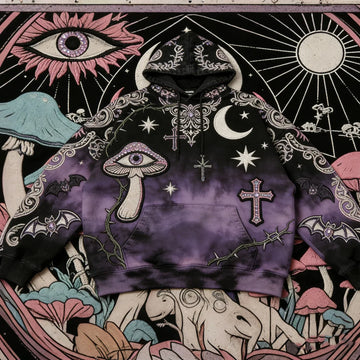 Purple and black oversized hoodie with gothic surreal graphics, mushrooms, stars, and bats.
