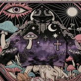 Purple and black oversized hoodie with mystical symbols, mushrooms, bats, and gothic cross patches.