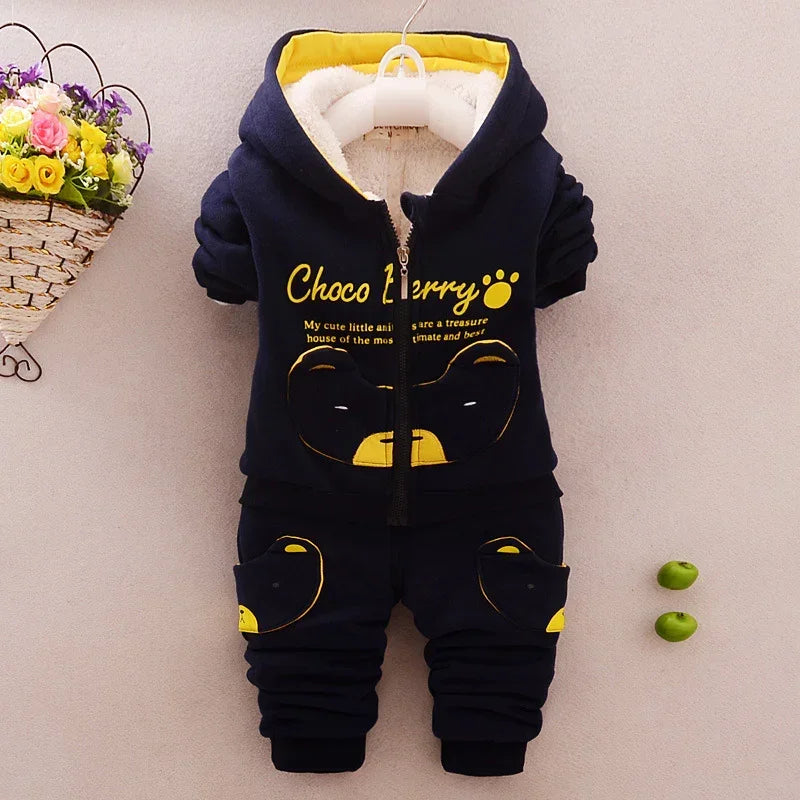 Navy blue fleece-lined kids hoodie and joggers set, yellow bear graphic, relaxed fit