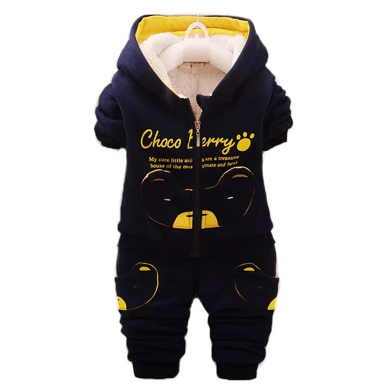 Black and yellow toddler hoodie and pants set with bear graphic, fleece lining, and zip-up front.