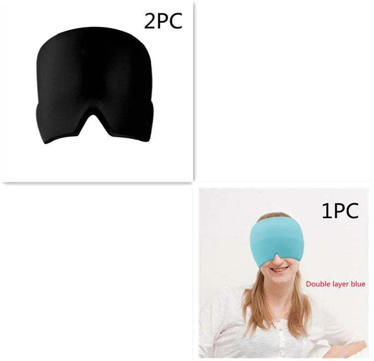 Woman wearing light blue double-layer sleep mask, plus black soft fabric sleep mask, ergonomic fit