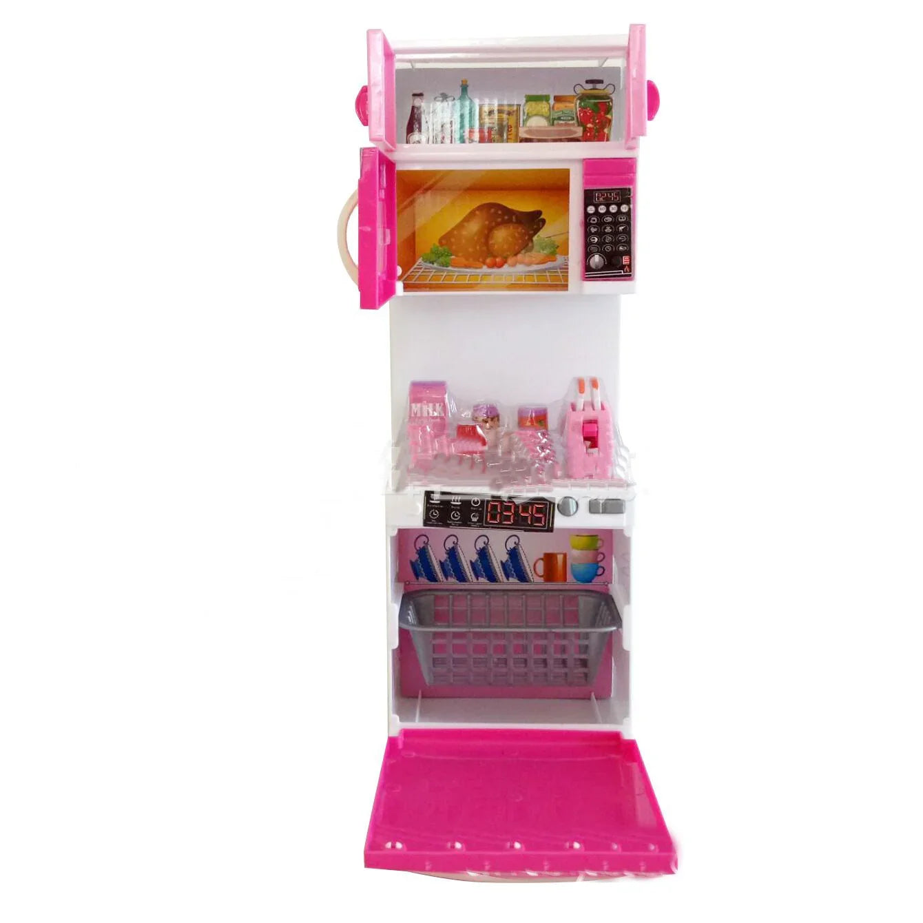 Pink and white toy kitchen set with mini fridge, oven, and food accessories