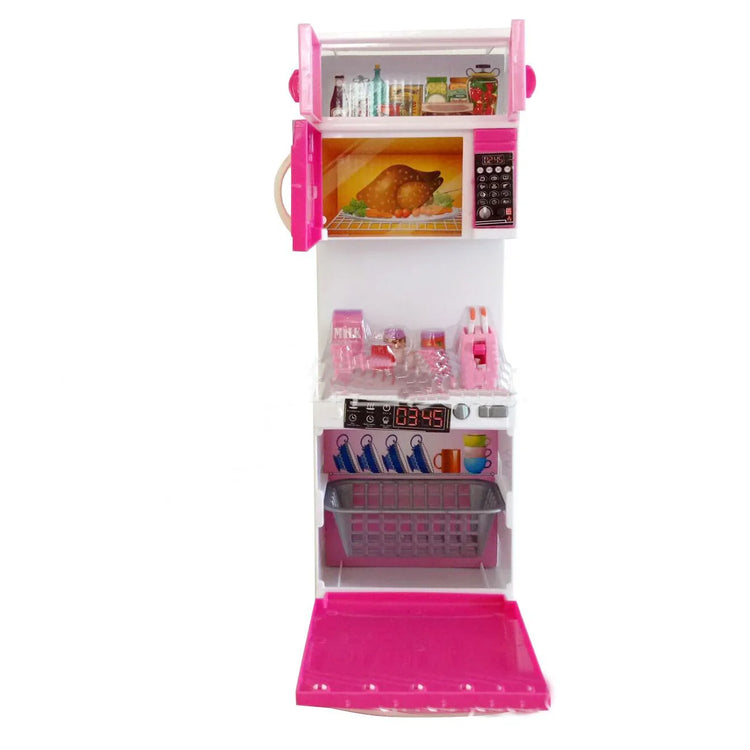 Pink and white toy kitchen set with mini fridge, oven, and food accessories