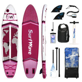 Inflatable paddle board set in pink and white with world map design, includes paddle, pump, fins, and carry bag.