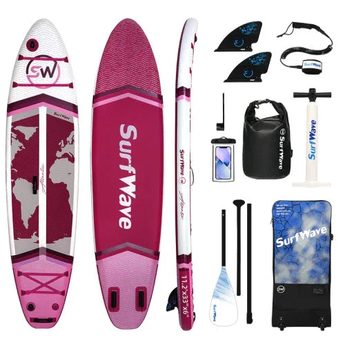 Inflatable paddle board set in pink and white with world map design, includes paddle, pump, fins, and carry bag.