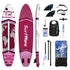 Red and white inflatable stand up paddle board set with paddle, fins, pump, leash, waterproof bag, and carrying backpack.