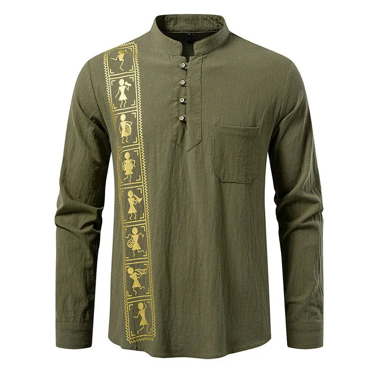 Olive green long sleeve shirt with yellow tribal print, mandarin collar, relaxed fit, cotton blend
