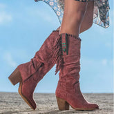 Pink suede knee-high boots with fringe, turquoise studs, block heel, Western style fit