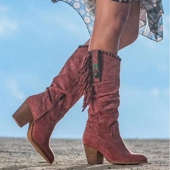 Pink suede knee-high boots with fringe, turquoise studs, block heel, Western style fit