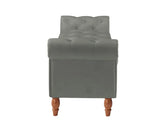 Gray tufted velvet bench with wooden legs and button details, contemporary furniture style