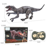 Gray remote control dinosaur toy with textured skin, red eyes, shown with controller and packaging, includes size measurements.
