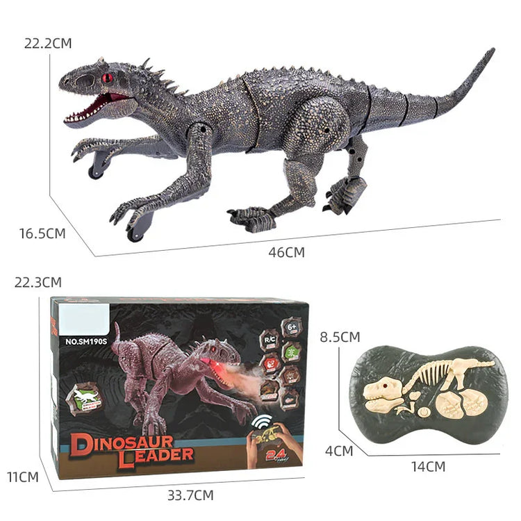 Gray remote control dinosaur toy with textured skin, red eyes, shown with controller and packaging, includes size measurements.
