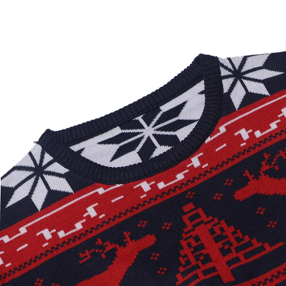 Red and navy knit sweater with snowflake and reindeer patterns, crew neck, regular fit