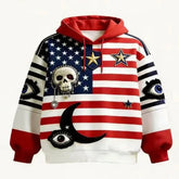 Colorful streetwear hoodie with American flag pattern, bold graphics, eye, skull, and star patches, relaxed fit.