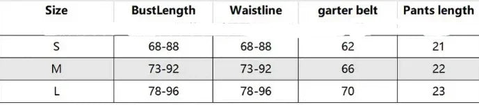 Size chart for women's clothing showing bust, waist, garter belt, and pants length for S, M, L.