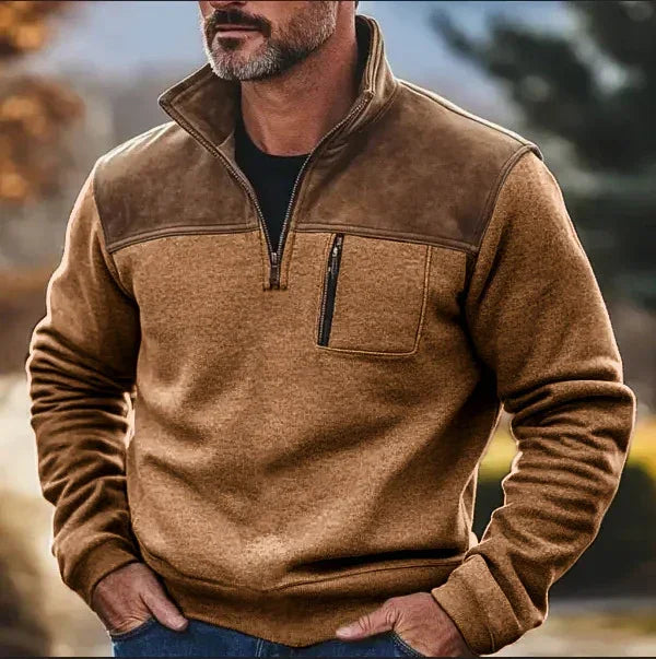 Men's brown quarter-zip pullover, faux leather trim, chest zipper pocket, relaxed fit