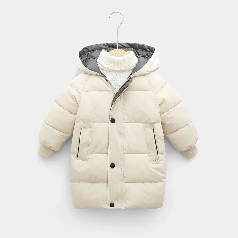 Beige puffer coat with hood, quilted design, oversized fit, and front pockets, winter outerwear