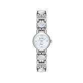 Silver metal wristwatch with round white dial and Roman numerals, polished link bracelet