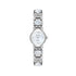 Silver metal wristwatch with round white dial and Roman numerals, polished link bracelet