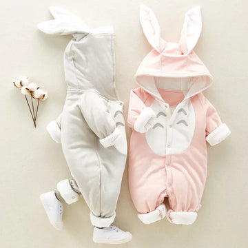 Cute cotton baby onesies with bunny ears hood, one light grey, one pastel pink, relaxed fit