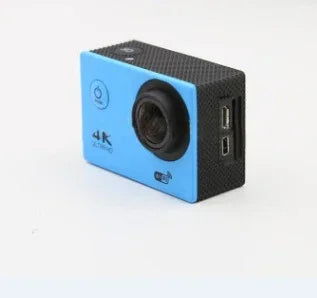 Blue and black 4K action camera with wide lens and textured sides