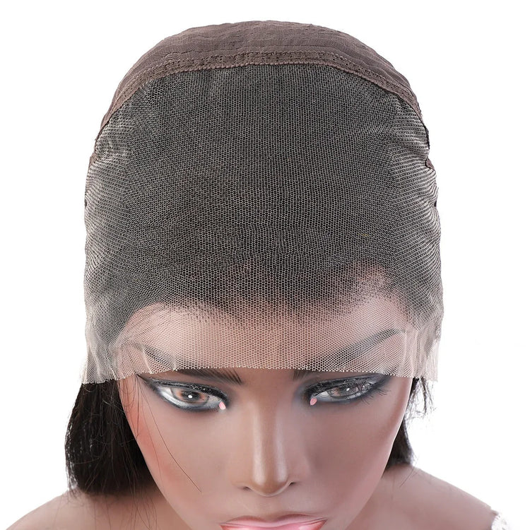Brown lace wig cap with sheer mesh material shown on mannequin head, close-up view