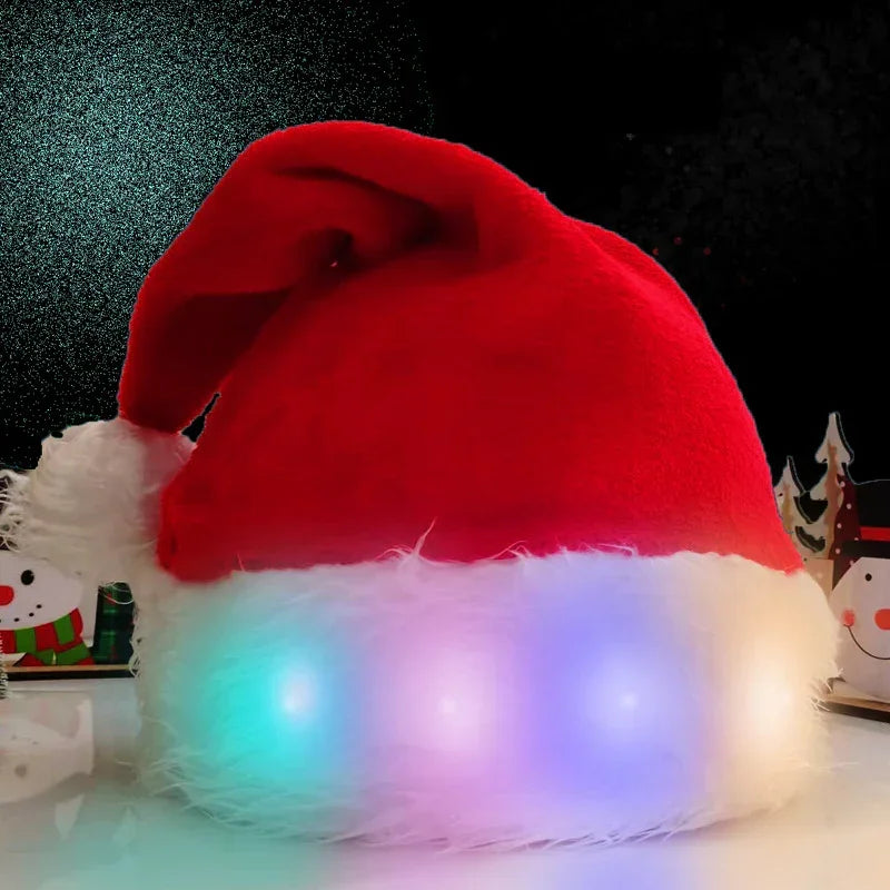Red plush Santa hat with white faux fur trim and multicolor LED lights, festive holiday accessory