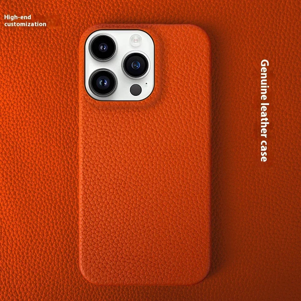 Orange genuine leather phone case with textured finish, close fit for smartphone protection