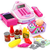 Colorful toy cash register set with play food, basket, coins, and paper bills on white background