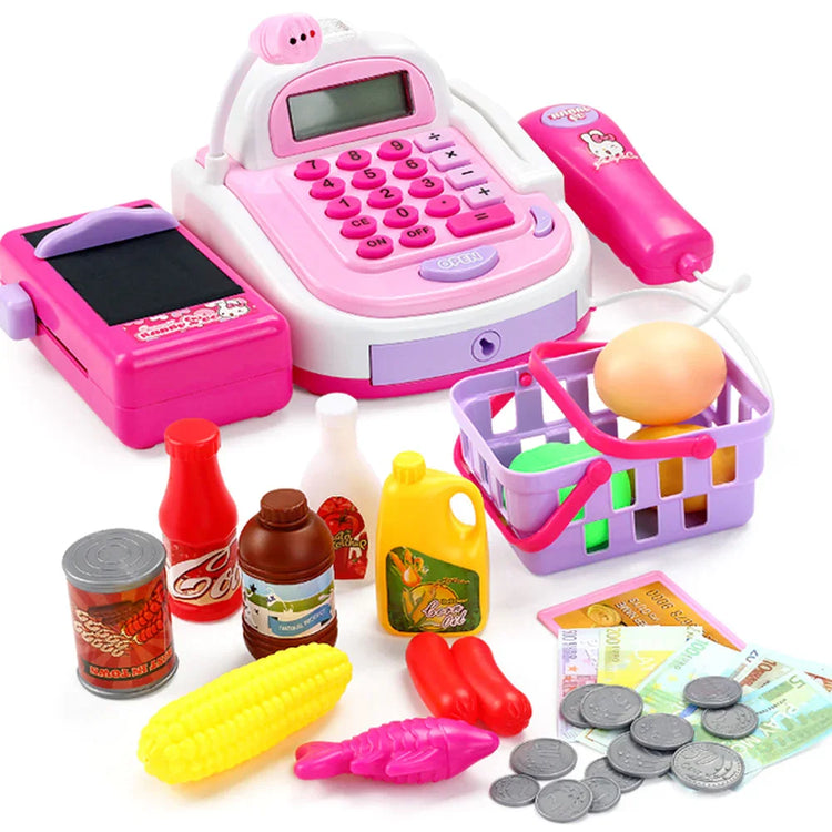 Colorful toy cash register set with play food, basket, coins, and paper bills on white background