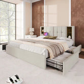 Modern beige upholstered bed with tufted headboard, built-in shelves, and pull-out storage drawers