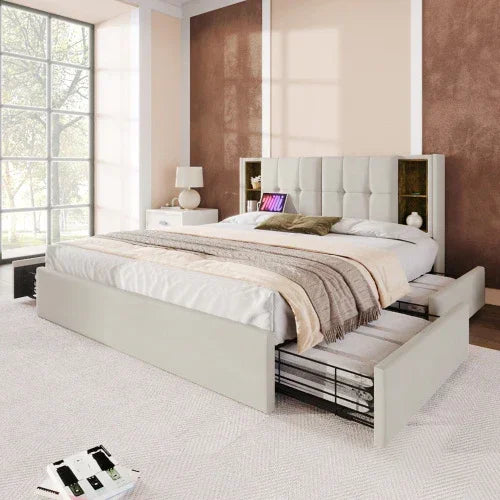 Modern beige upholstered bed with tufted headboard, built-in shelves, and pull-out storage drawers