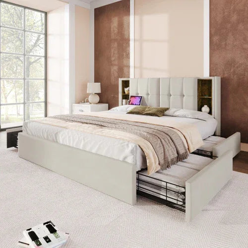 Modern beige upholstered bed with tufted headboard, built-in shelves, and pull-out storage drawers