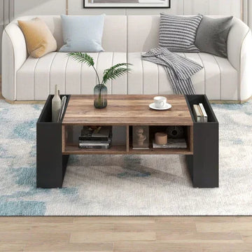 Modern coffee table with wood top, open shelves, and black metal legs in a contemporary living room