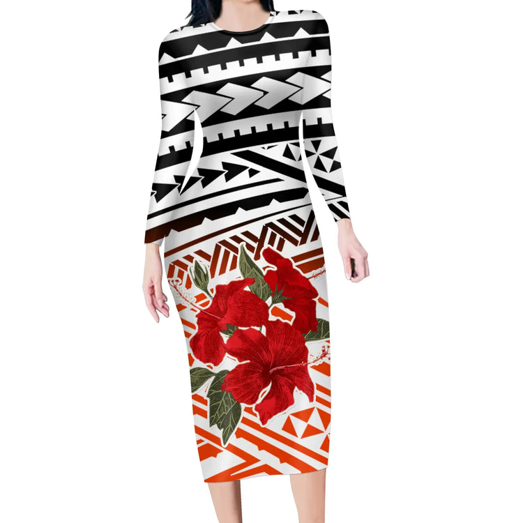 Long sleeve bodycon dress with black and white geometric patterns and red floral print