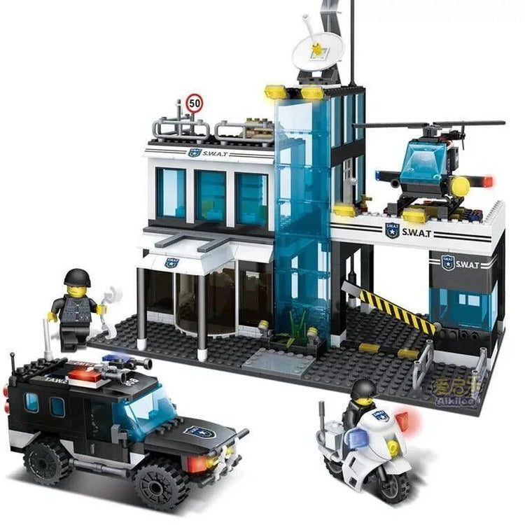 Black and white plastic SWAT building block set with figures, police vehicles, and helicopter.
