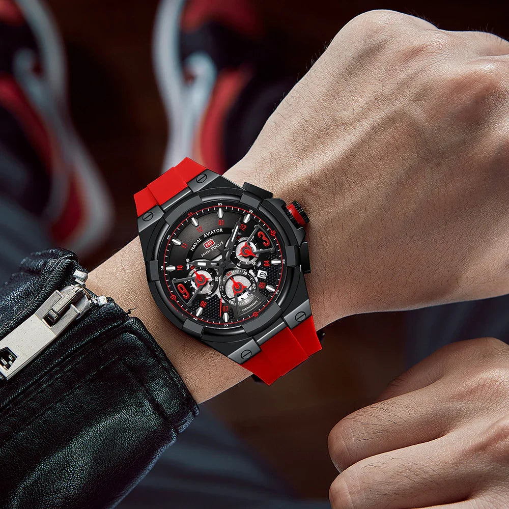 Red and black sporty analog-digital watch with bold dial and silicone strap on wrist