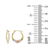 14K gold solid tricolor diamond cut heart hoop earrings for women with 2.70x18mm size next to ruler for scale
